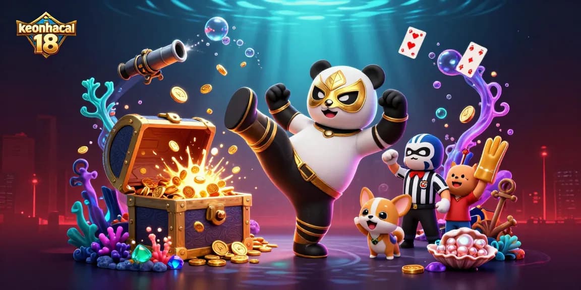 Engage with keonhacai 18 as a panda wrestler flies in a colorful casino world.