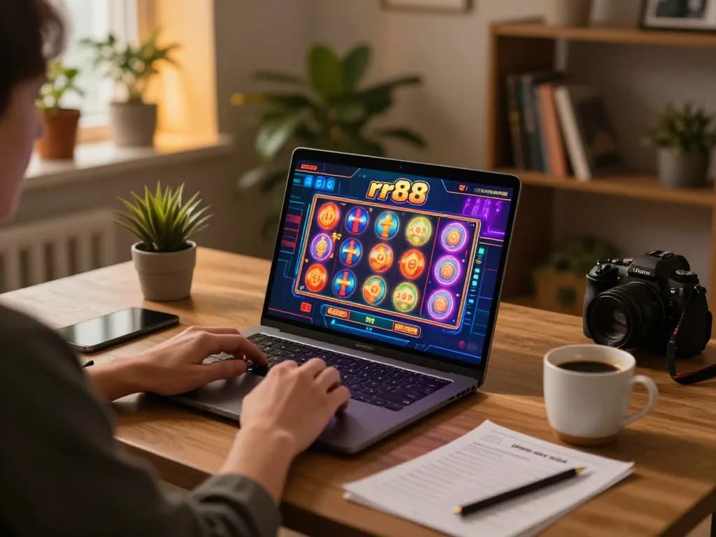 Excited player enjoying rr88 online casino game on laptop with colorful slot machines