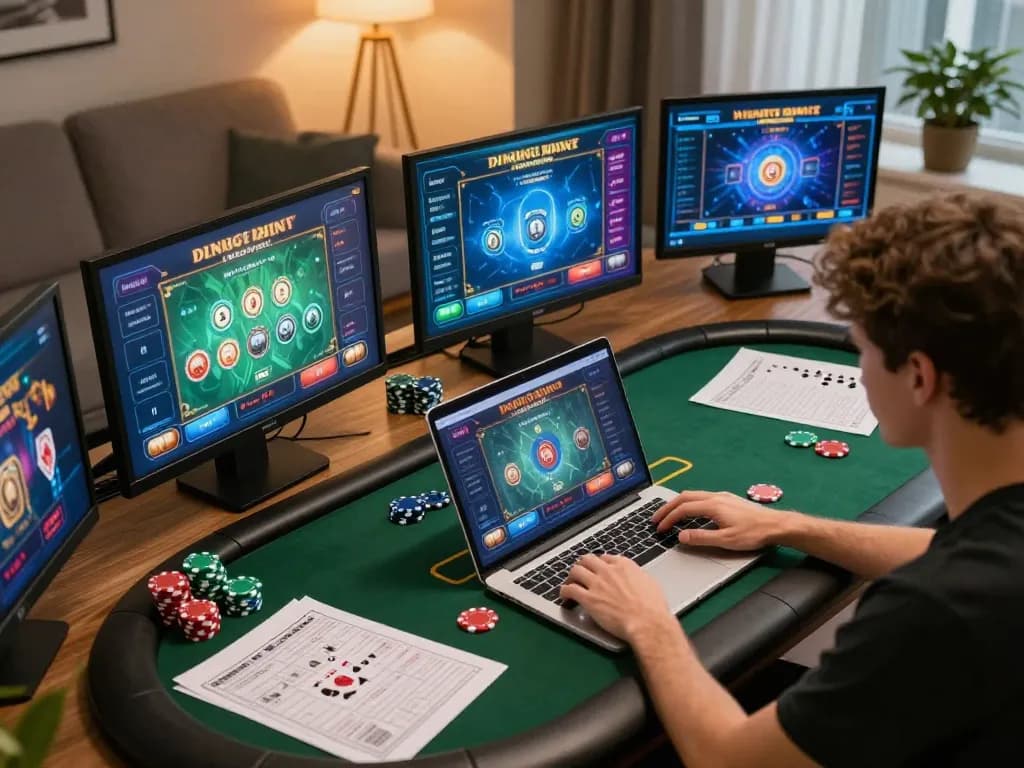 Engage in online gaming at home with LINK SUNWIN on a vibrant laptop setup surrounded by poker chips.