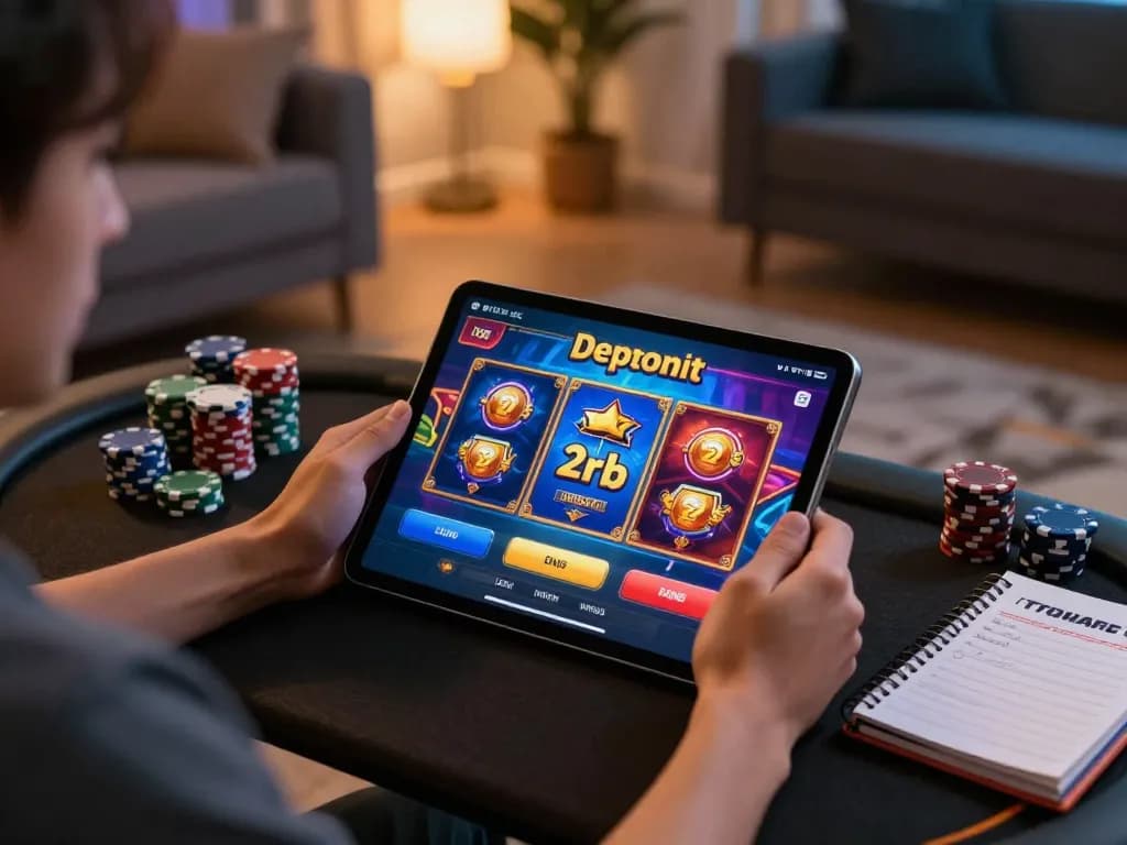 Person engaging with a tablet showcasing slot deposit 2rb, highlighting online casino gameplay.