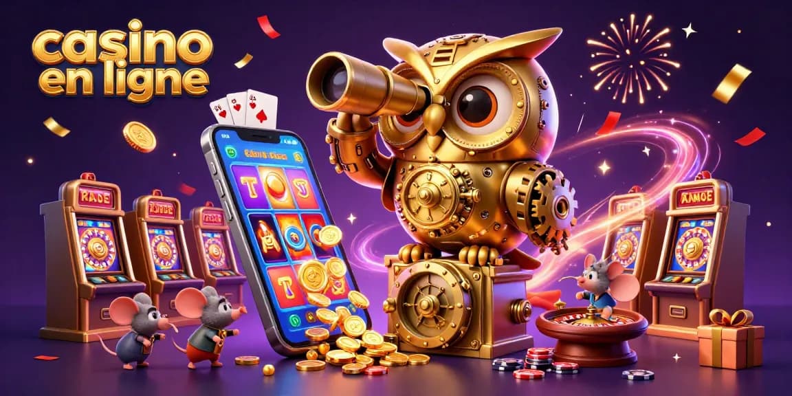 Illustration captivante de casino en ligne avec une chouette dorée et des souris jouant aux machines à sous.