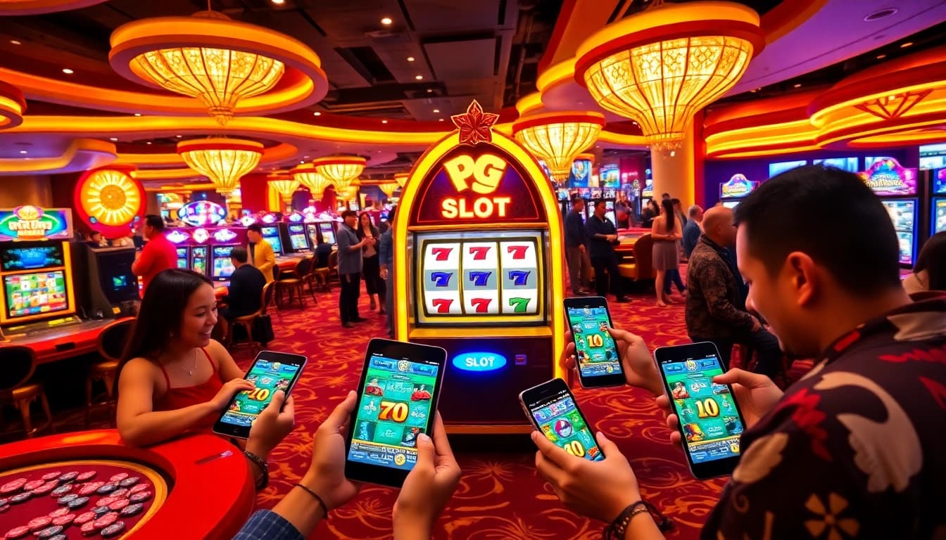 Engaged players enjoying pg slot games in a luxurious casino setting.