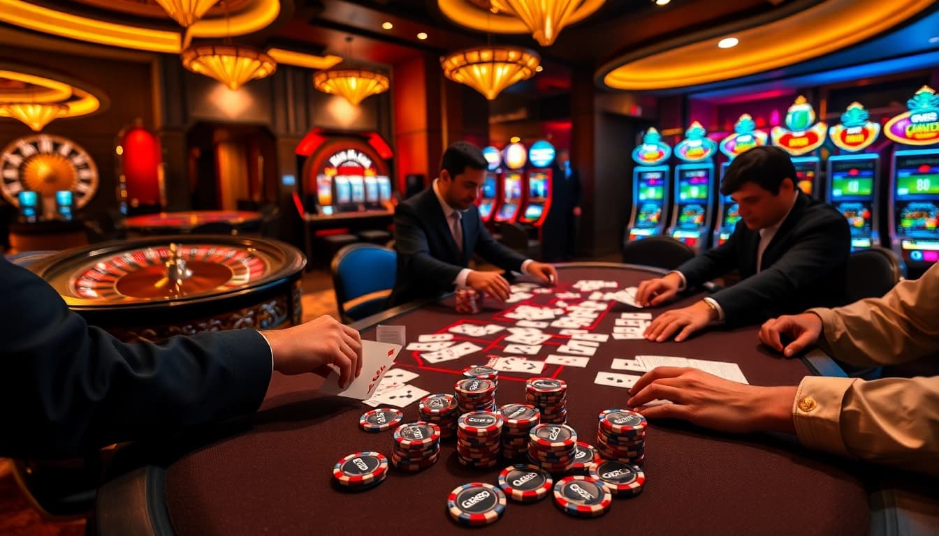 Players engage in a thrilling GK88 poker game at a luxury casino, with chips and cards displayed.