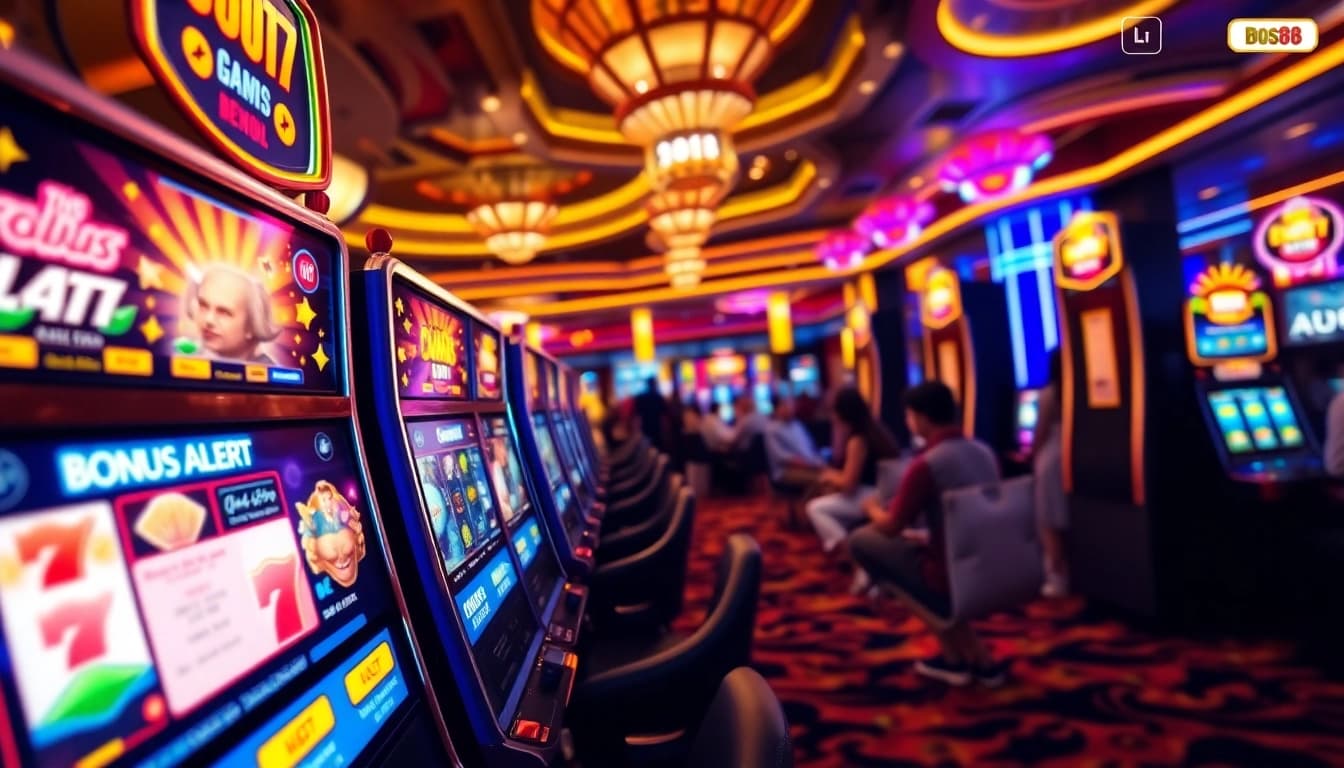 Menggambarkan pengalaman bermain bos88 dengan mesin slot menawan dan suasana kasino yang ramai.