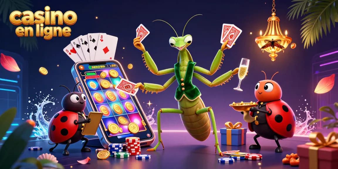 Les jeux de casino en ligne s'animent avec une mante religieuse géante et un gérant heureux, enveloppés de chance.