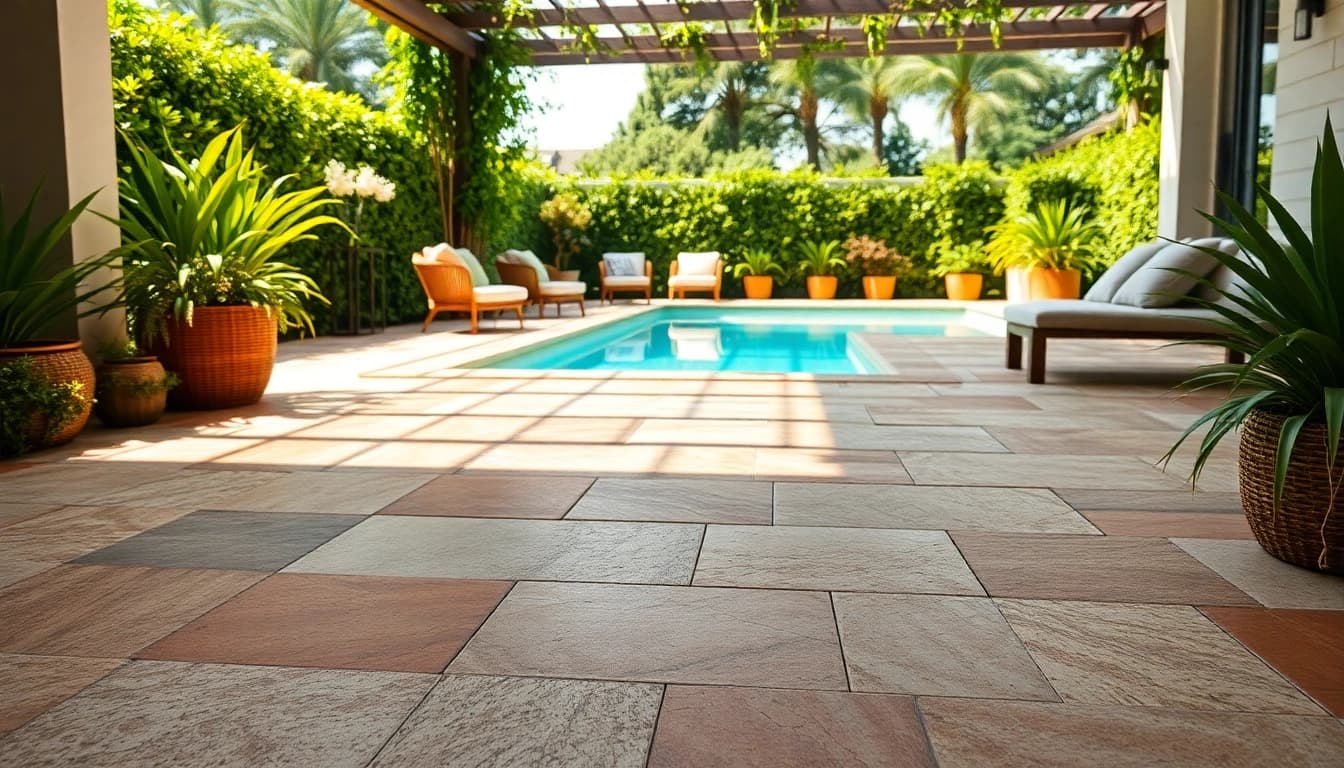 Carrelage extérieur en terre cuite et en porcelaine, espace extérieur lumineux.