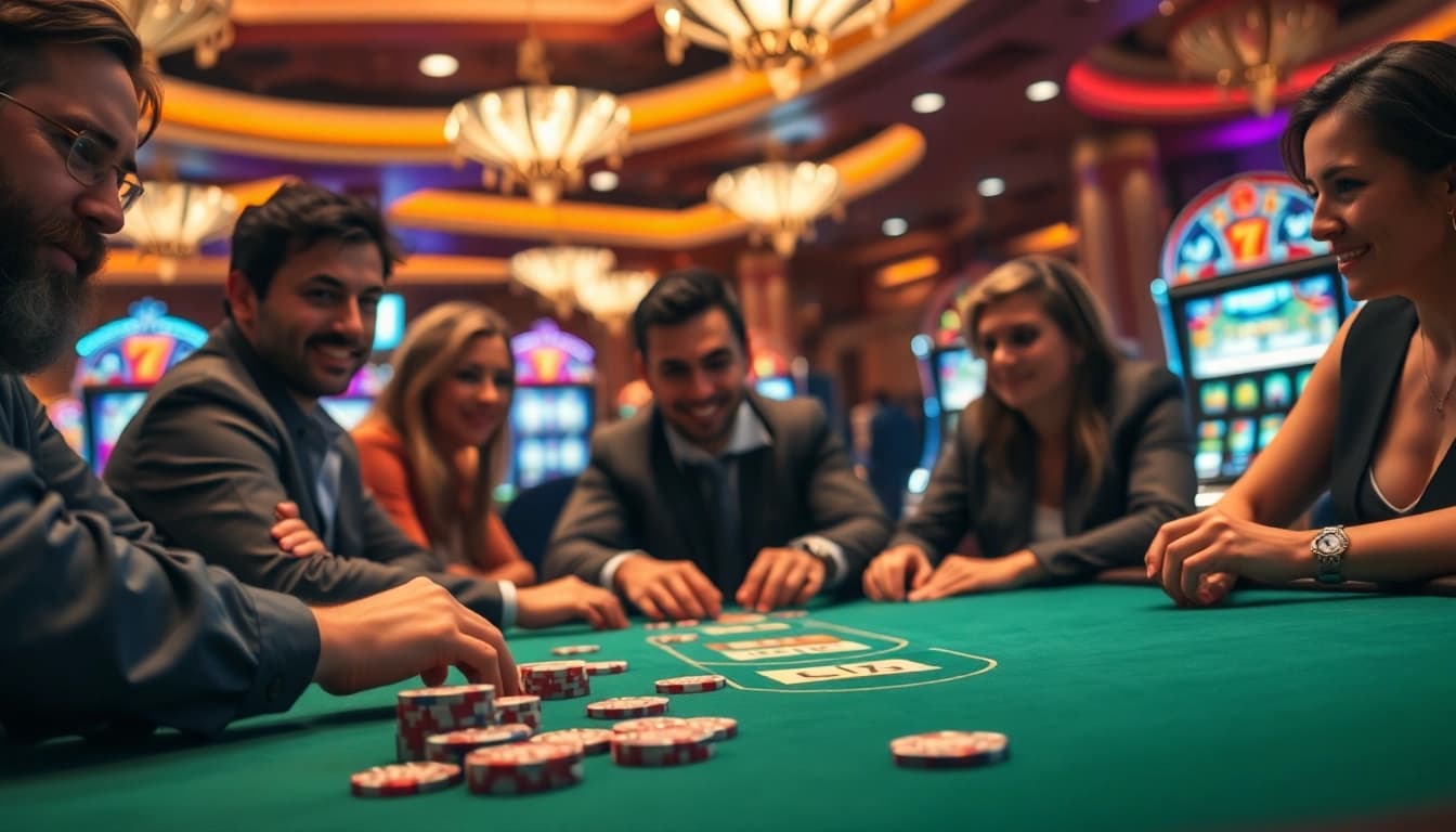 Bermain di meja poker vegas88 dengan suasana kasino yang meriah dan penuh energi.