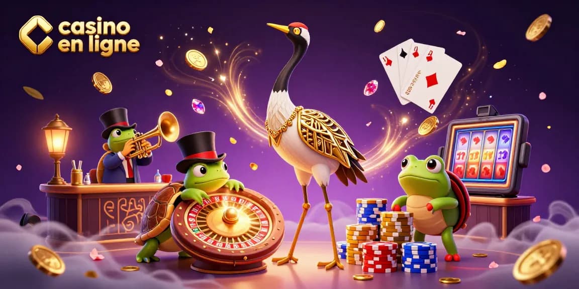 Profitez du casino en ligne avec une scène animée de personnages et de jeux colorés.