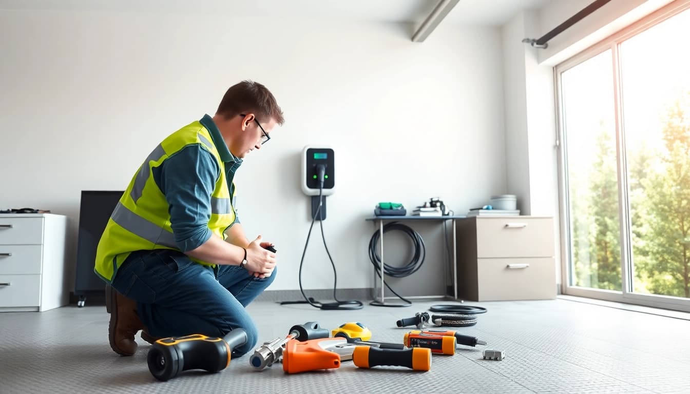 Electrician performing EV Charging Installation in a modern garage setting.