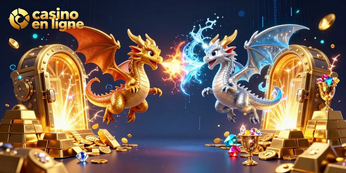 Des dragons en vol représentant le casino en ligne, avec des trésors scintillants autour.