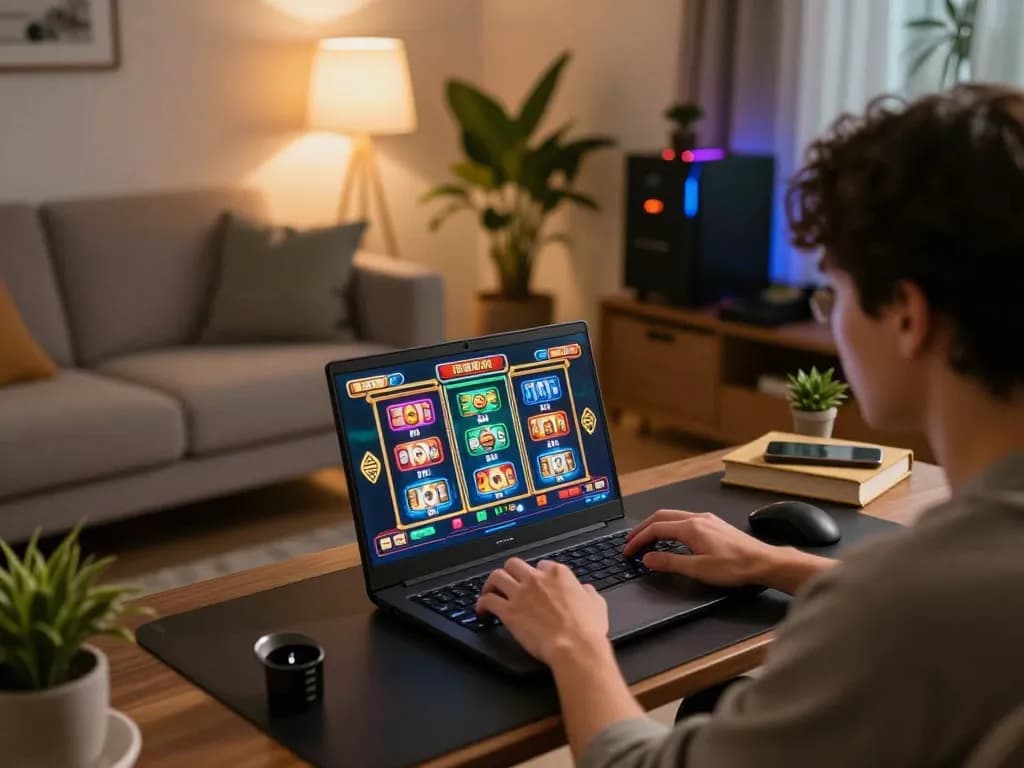 Experience thrilling gameplay of slot77 in a cozy and relaxed online gaming setup with engaging visuals.