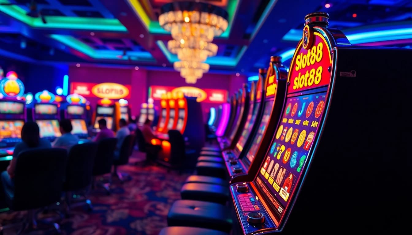 Rasakan kegembiraan bermain slot88 dengan mesin slot yang berwarna-warni dan pemain antusias.