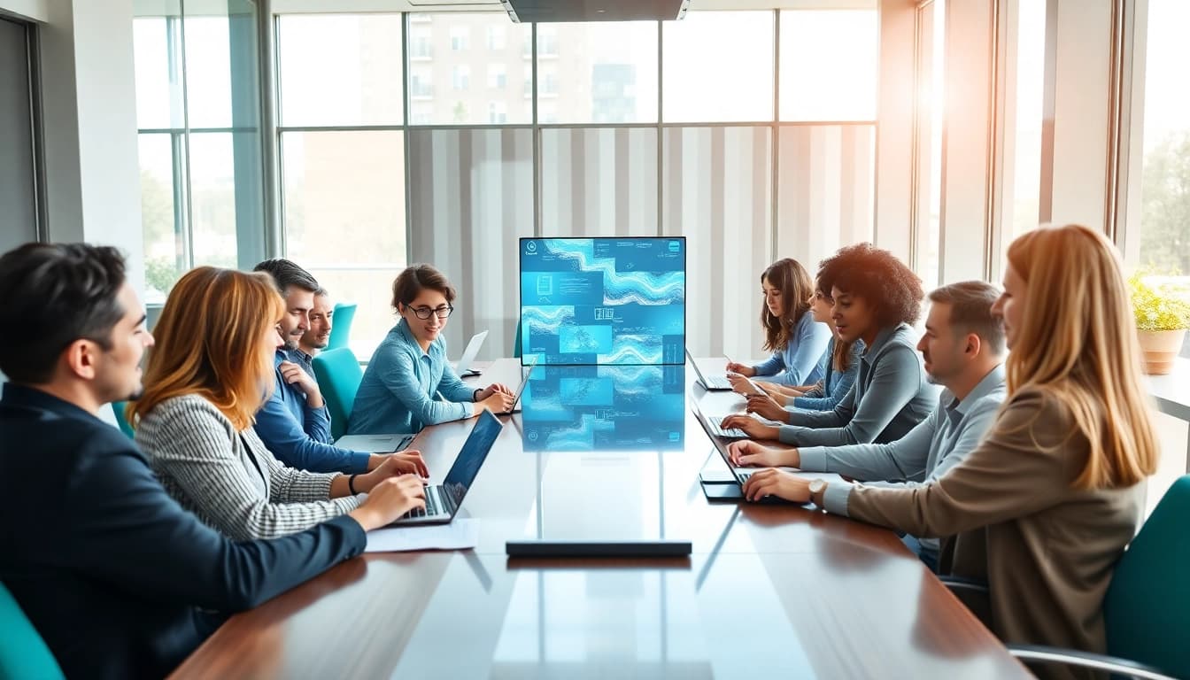 Engaged business team collaborating in a modern workspace with innovative elements.