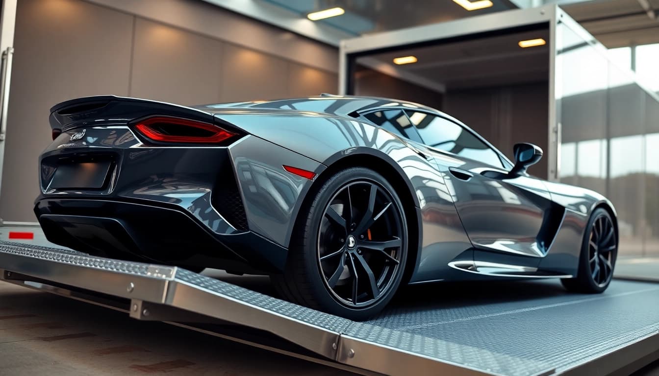 Transporting luxury vehicles with care at https://luxuryautocarriers.com showcasing an exotic car and state-of-the-art trailer.