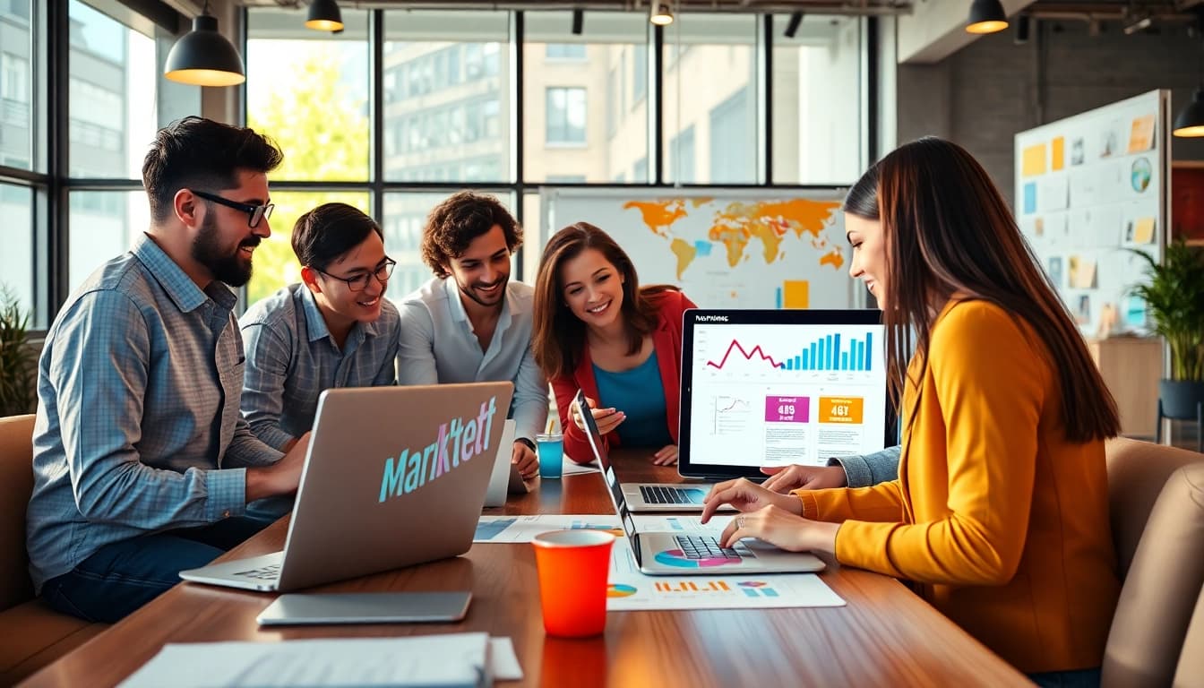 Edmonton social media marketing team collaborating in a vibrant office environment.
