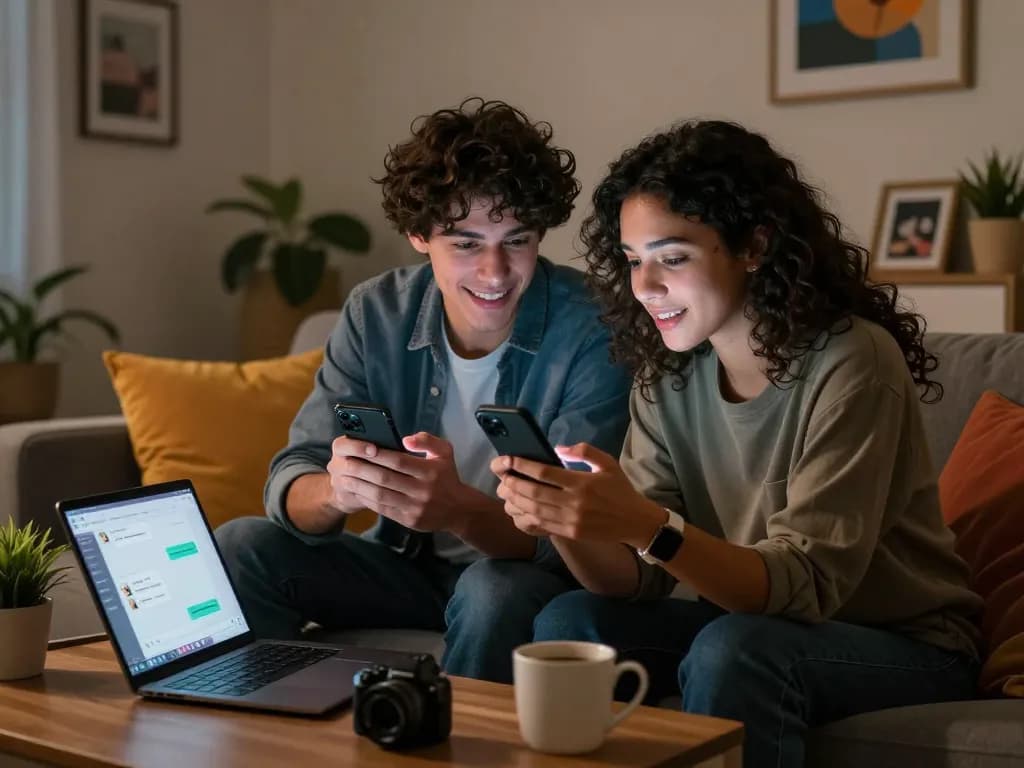 Young couple enjoying spicy chat on smartphones in cozy living room.