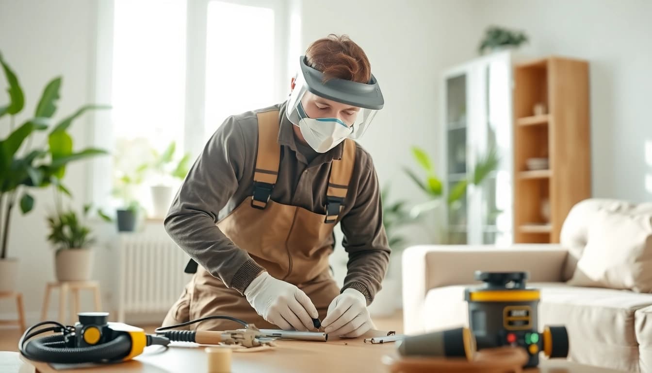 Executing same day bug removal by a pest control professional in a bright residential setting.