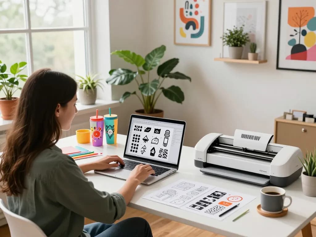Designer curating vibrant SVG files for tumblers in a bright workspace.
