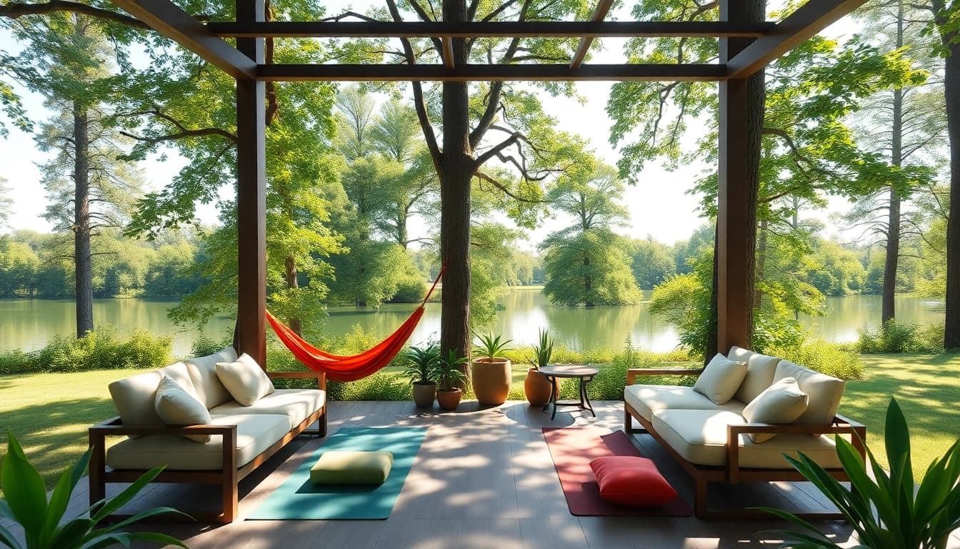 Relax at a wellness retreat with outdoor seating and a calm lake, inviting tranquility and rejuvenation.