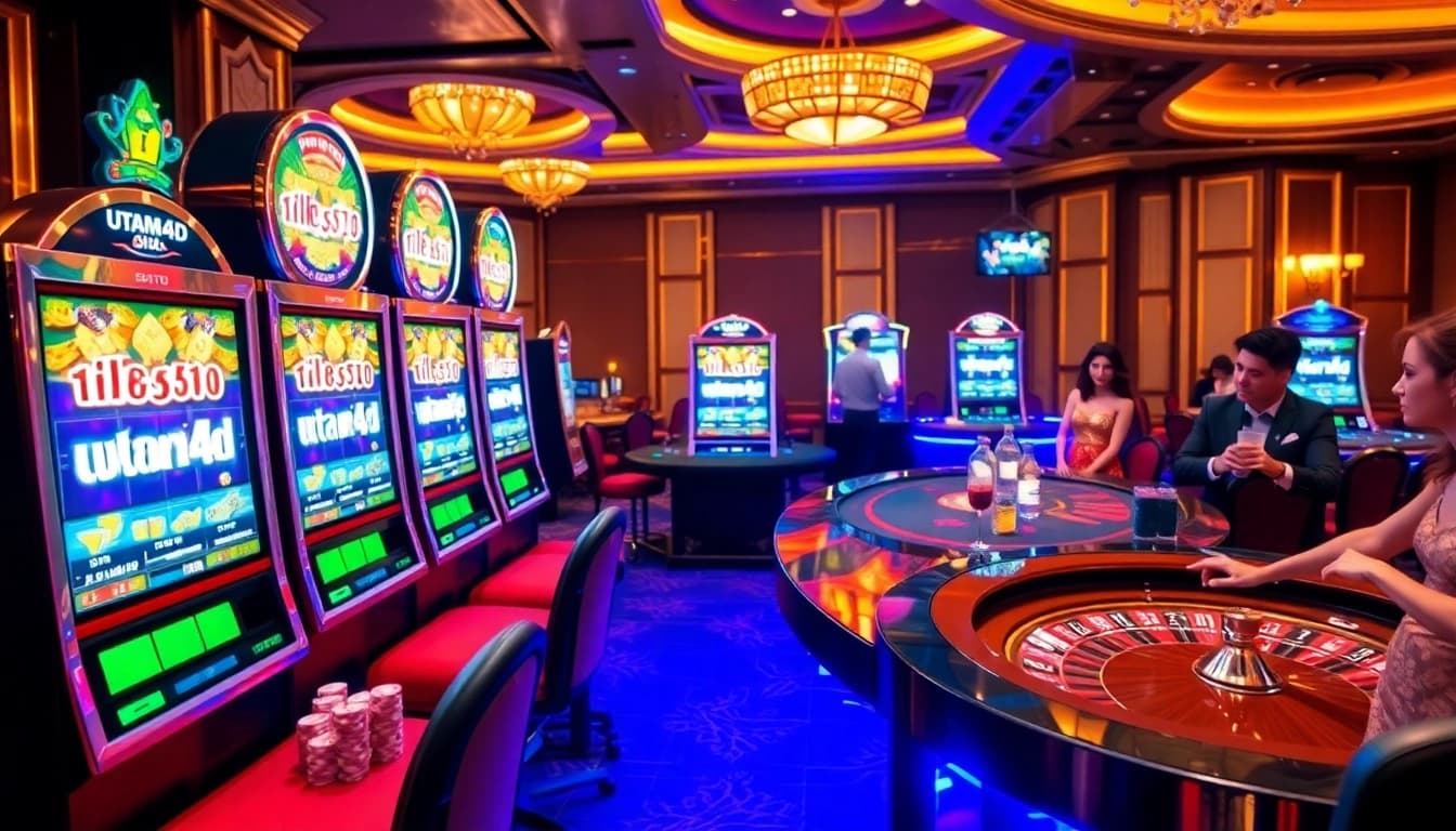 Rasakan sensasi Utama4D Slot di meja kasino mewah yang dipenuhi chip poker berwarna-warni dan mesin-mesin beragam warna.