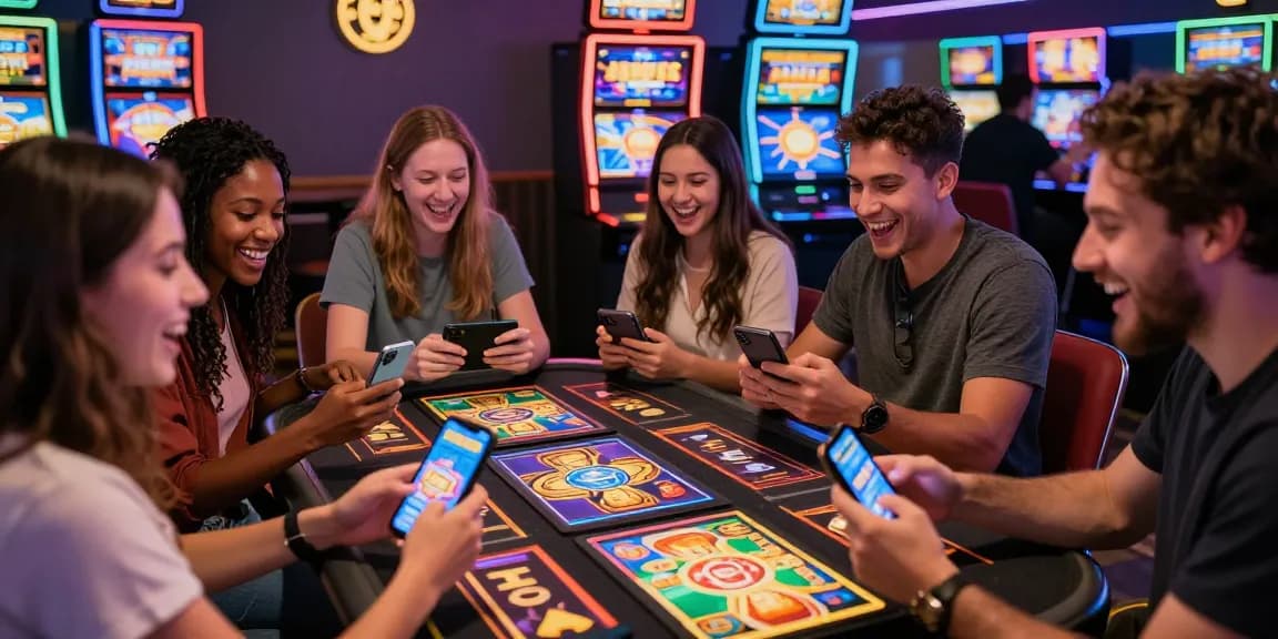 Friends enjoying apk slot games on smartphones in vibrant casino setting.