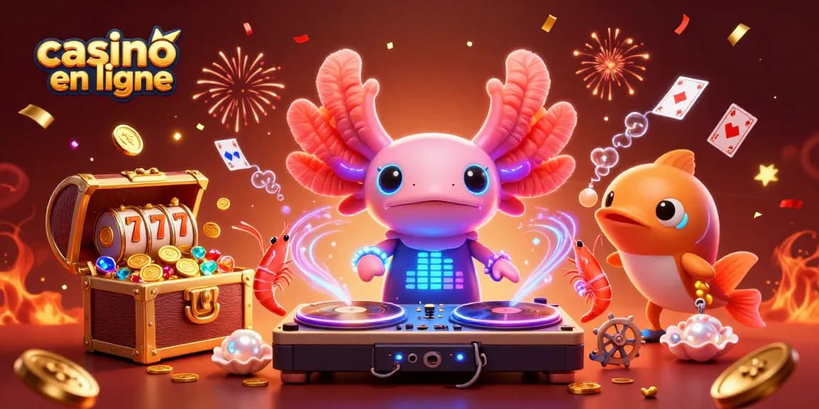 Jouez au casino en ligne avec une illustration d'axolotl DJ et des crabes dansants, entouré d'éléments de jeux d'argent.