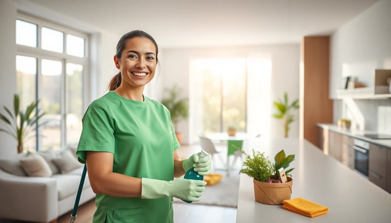 Spotless home showcasing a professional cleaning service with eco-friendly products in action.