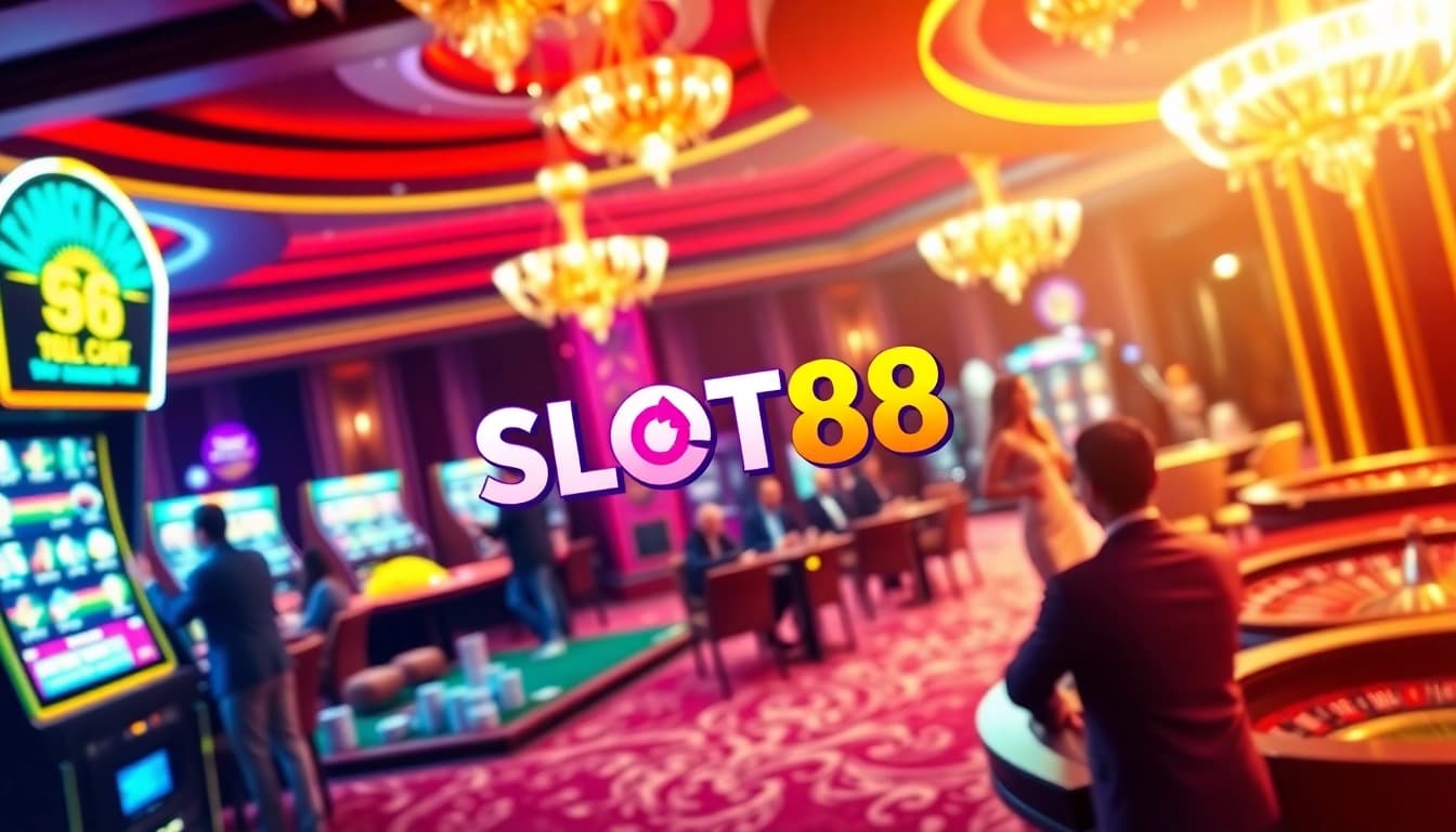 SLOT88 slot machine in a luxurious casino setting with players celebrating wins.
