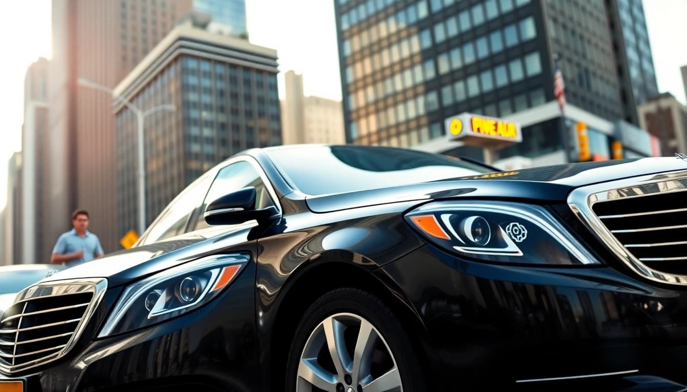 Efficient Car service nyc represented by a sleek black car on a busy New York street.
