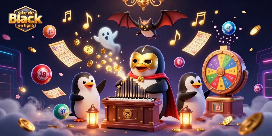 Découvrez le site de blackjack en ligne avec un croupier masqué jouant des pièces d'or dans une ambiance festive.