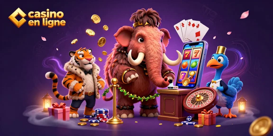 Casino en ligne : Mammouth, tigre et dodo à l'entrée d'un casino avec jeux et pièces d'or.