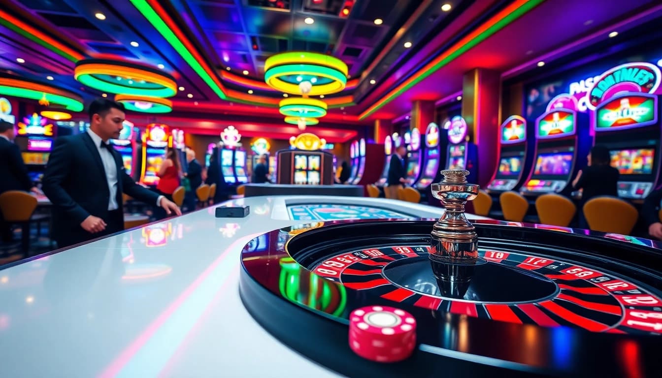 Speel spannende spellen bij https://casinodaily.nl in een levendige casino omgeving met kleurrijke lights en enthousiaste spelers.