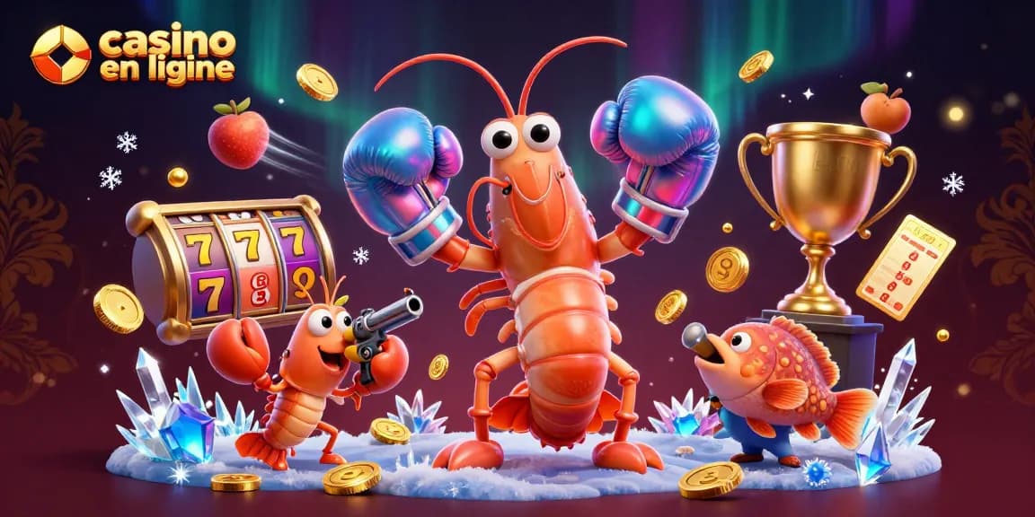 Illustration vibrante d'un casino en ligne avec un crevette-mante et des éléments de jeu riches.