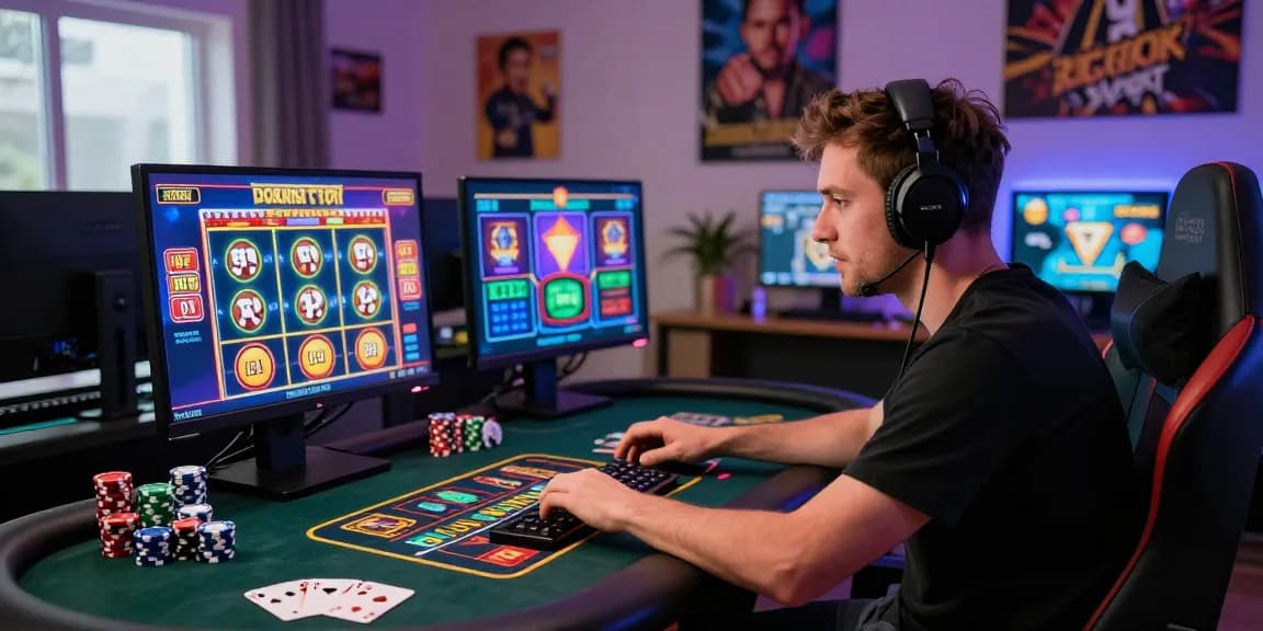 Online player engaging with thrilling slot games in a vibrant virtual casino setup.