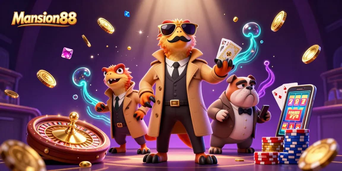Mansion88 offers thrilling gambling action within a vibrant casino scene featuring three raptors in disguise.
