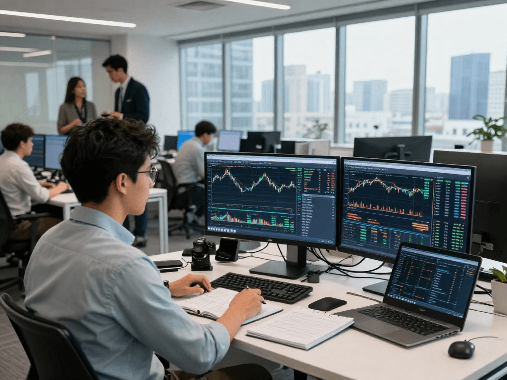Trader utilizing metatrader 5 software in a vibrant financial office environment