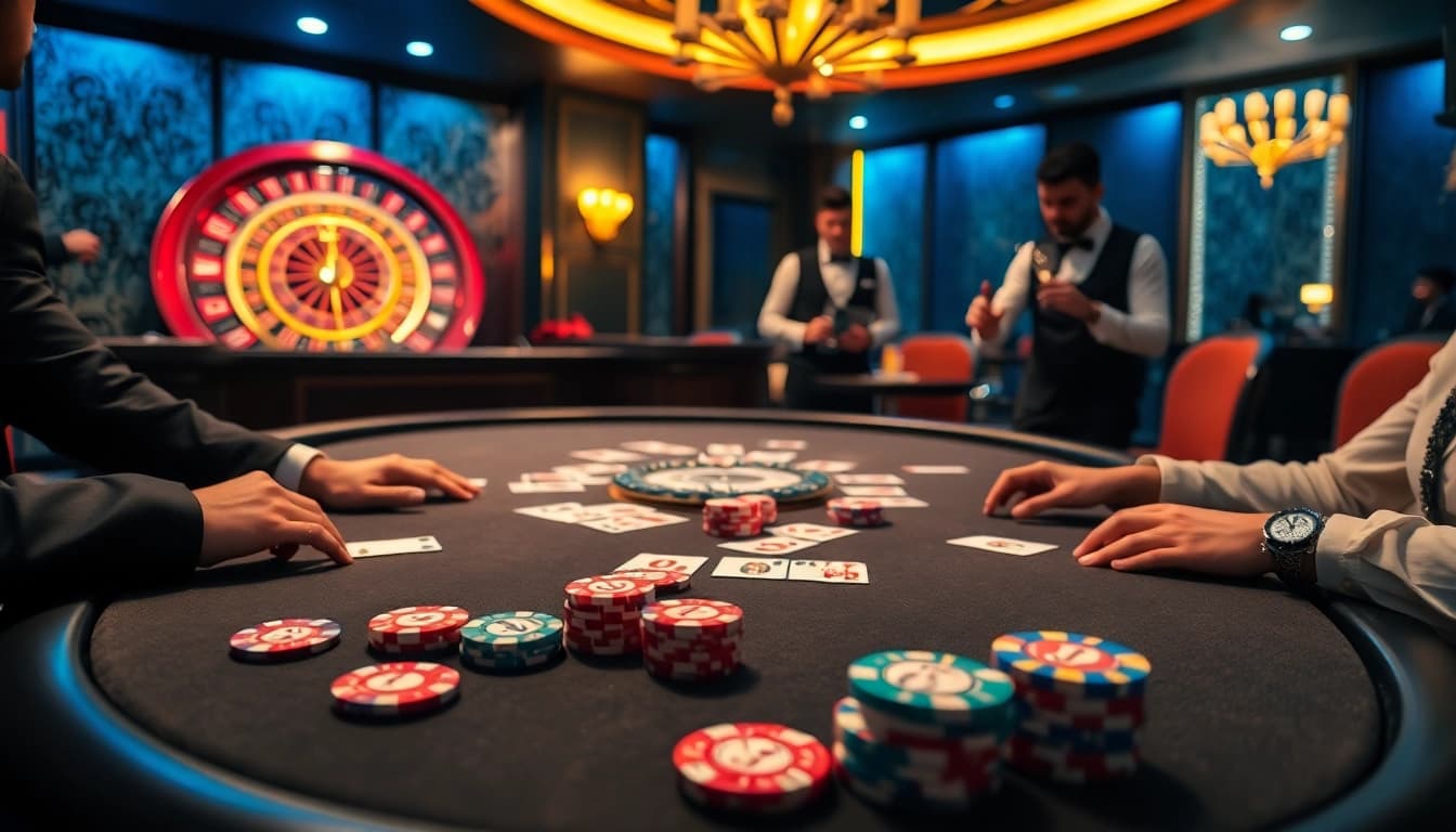 JUN 88 poker table scene showcasing vibrant chips, engaged players, and luxury ambiance.