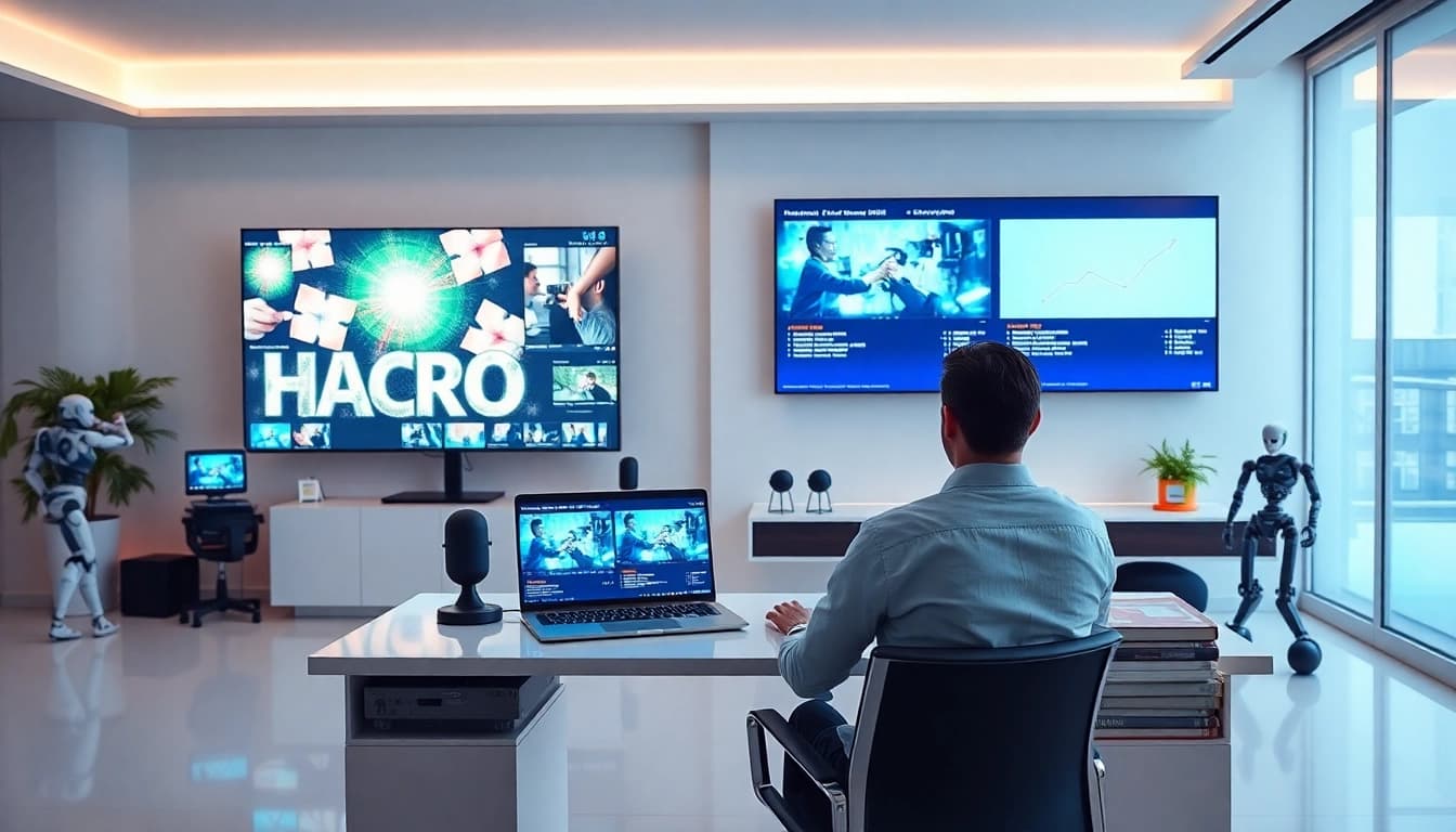 Transforming video to prompt with a professional AI generator in a modern office.