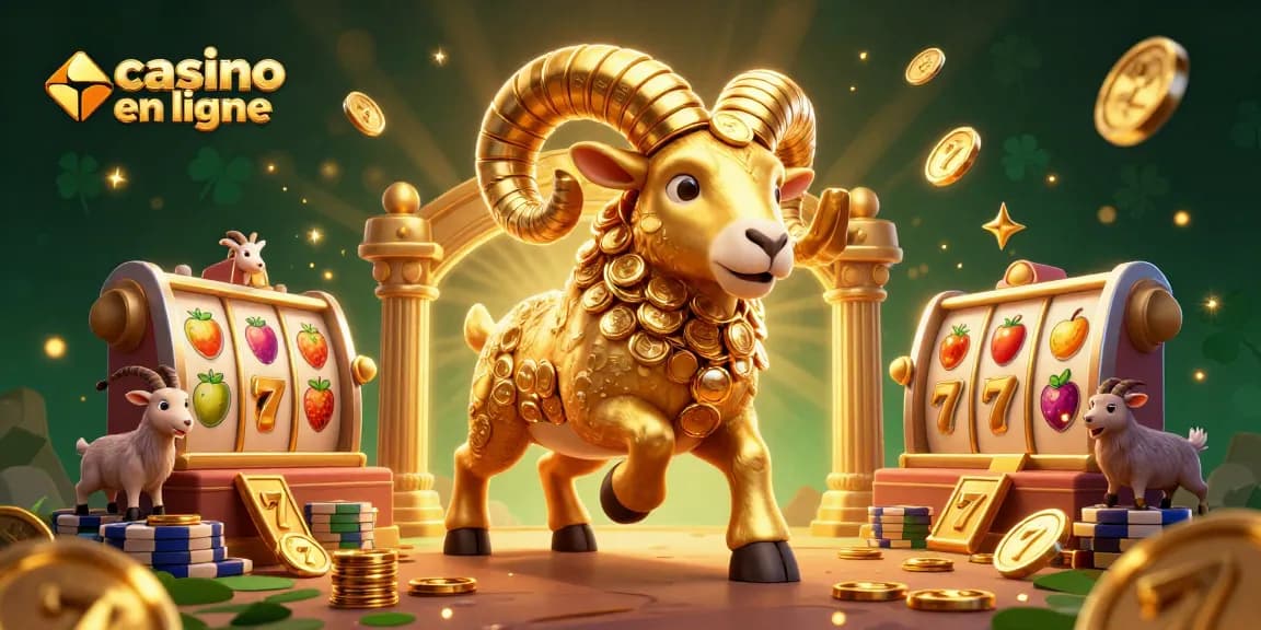 Mise en scène d'un casino en ligne dynamique avec un bélier doré et des éléments de machine à sous.