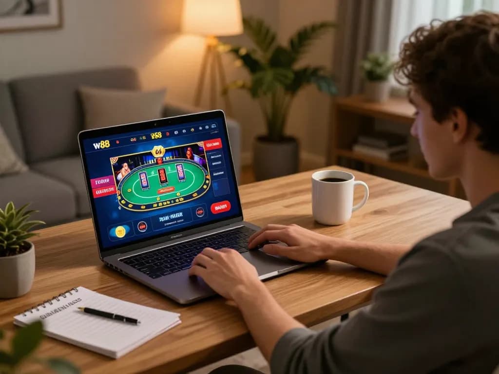 Engaging with w 88 casino platform on laptop at home, showcasing vibrant games and strategy notes