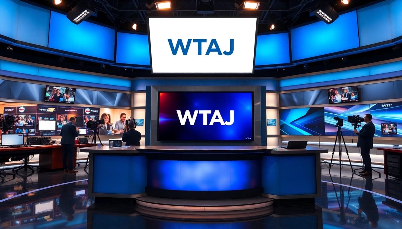 WTAJ news anchor presenting from a vibrant studio with modern technology and backdrop.