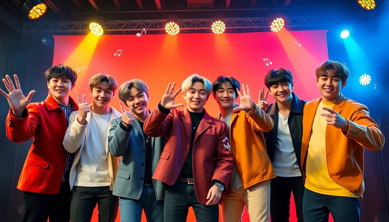 Engaging portrait showcasing bts members with vibrant backgrounds and energetic poses.