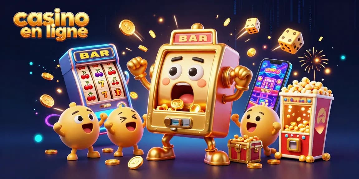 Un jackpot incroyable au casino en ligne avec une machine à sous dorée et des pièces tombantes.