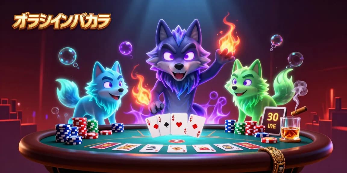 オンラインバカラの対戦を楽しむ幻想的な狼たちのシーン。