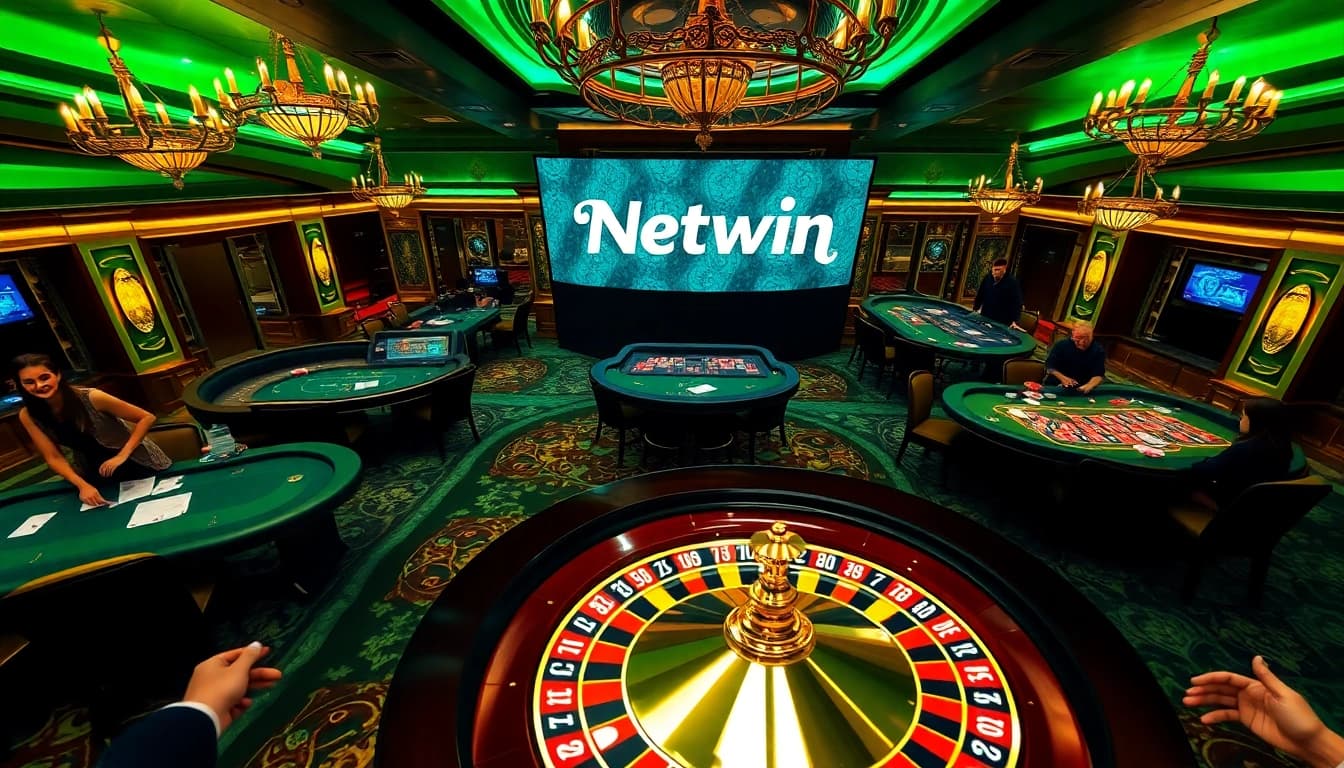 Netwin showcases an exciting casino scene with players enjoying poker and roulette.