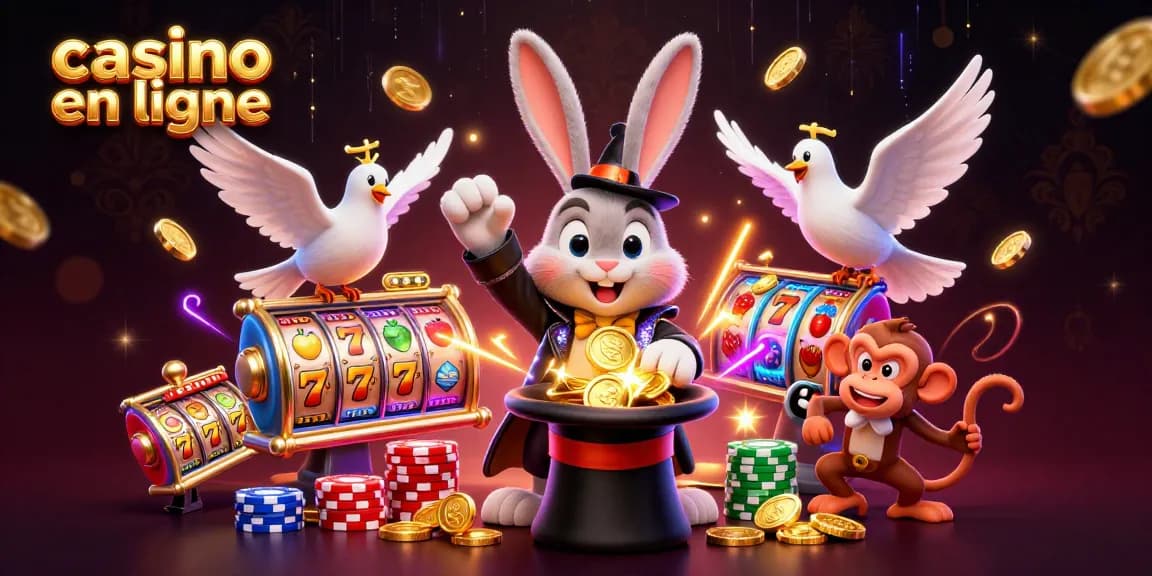 Visuel dynamique de casino en ligne avec un magicien tirant des pièces d'or et des machines à sous autour.