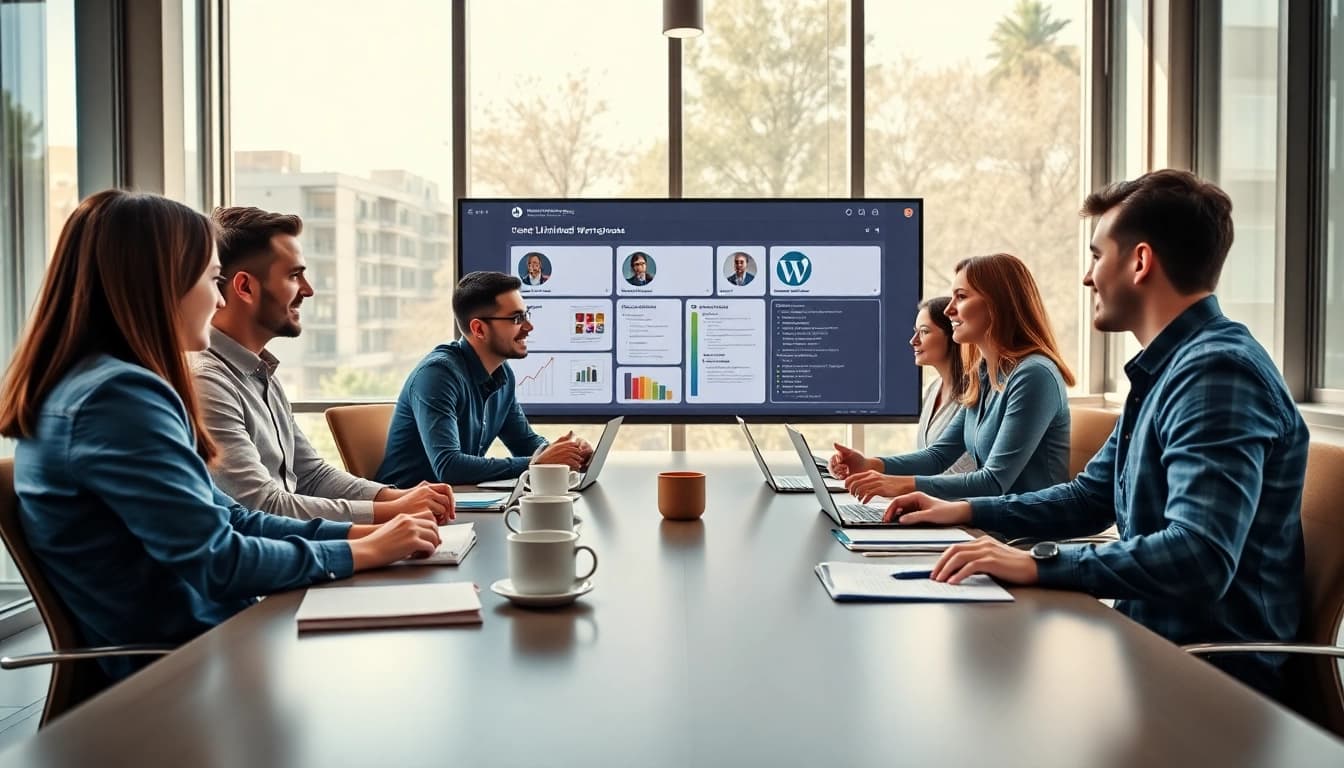 Collaborative team tackling unlimited wordpress tasks in a bright office setting