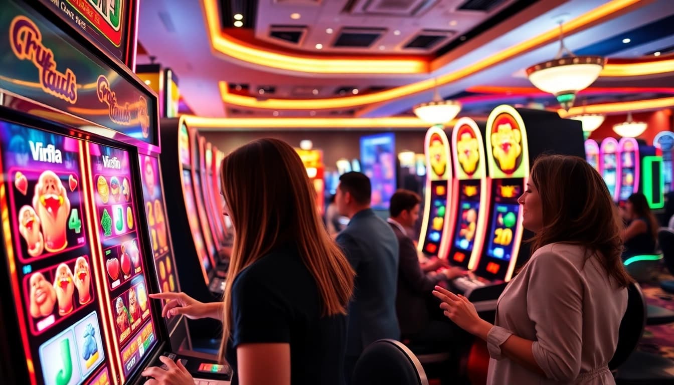 Mainkan virus4d slot di mesin slot dengan suasana kasino yang ceria dan ramai.