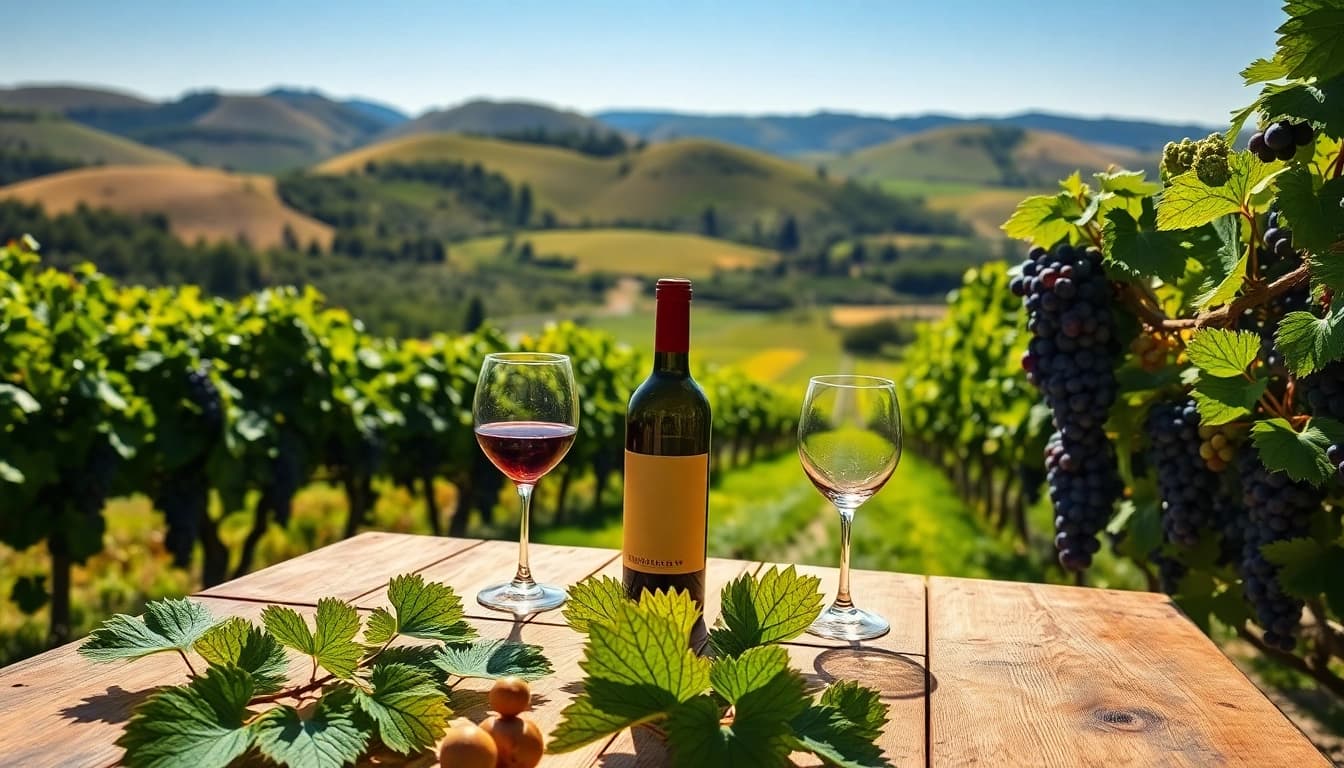 Experience the tranquility of Clarksburg wineries surrounded by lush vineyards and a sunny picnic setup.