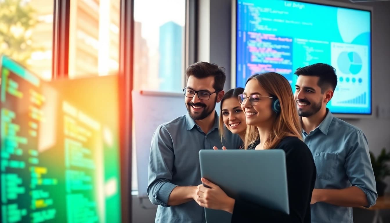 Web development company collaborating at a modern office, showcasing teamwork in action.